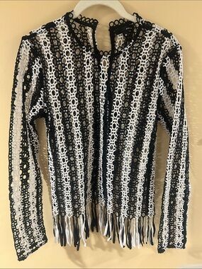 Aqua Black and White Crochet Fringe Long-Sleeve Top